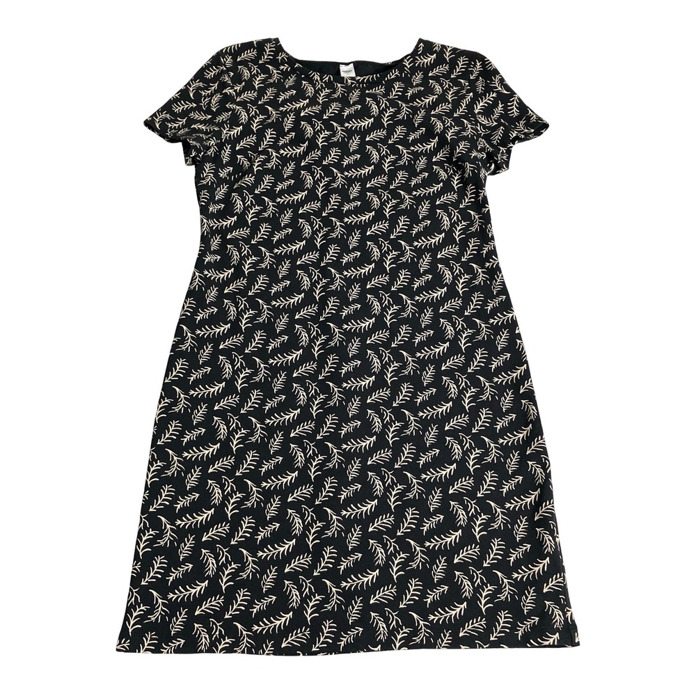Old Navy Shirt Dress Women M Black Botanical Leaf Print Mini Knit Stretch Casual